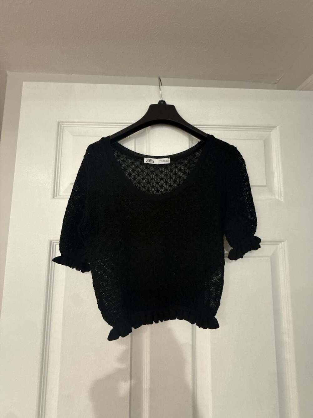 ZARA Textured Ruffled Pointelle Knit Cropped Top